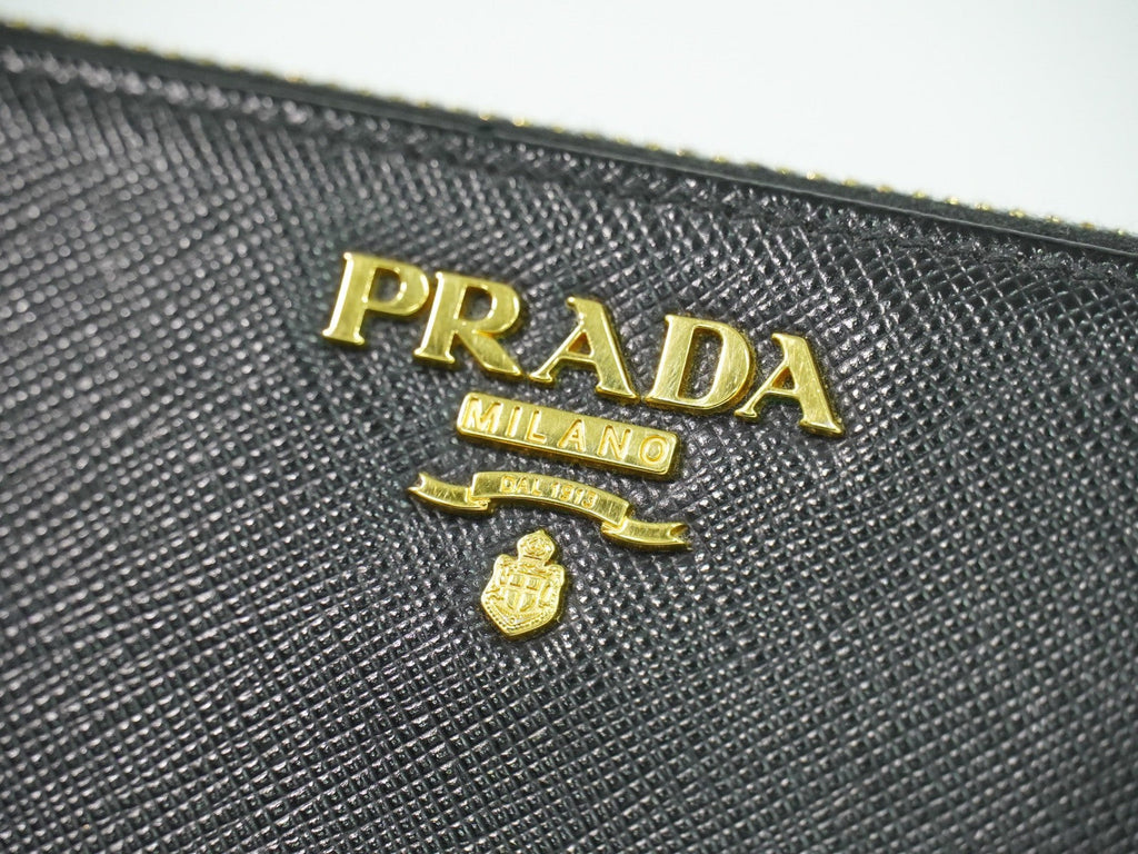 Prada Zip Around Tab Wallet Saffiano Leather Black Leather Wallets Accessory