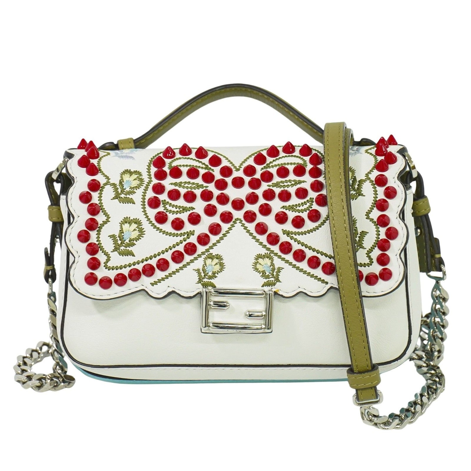 Fendi Double Baguette Embroidered Studded Leather White Leather Shoulder Bag Bag