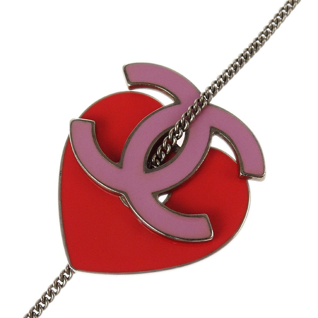 Chanel Cc Heart Pendant Metal Red Silver_Plated Necklace Jewelry