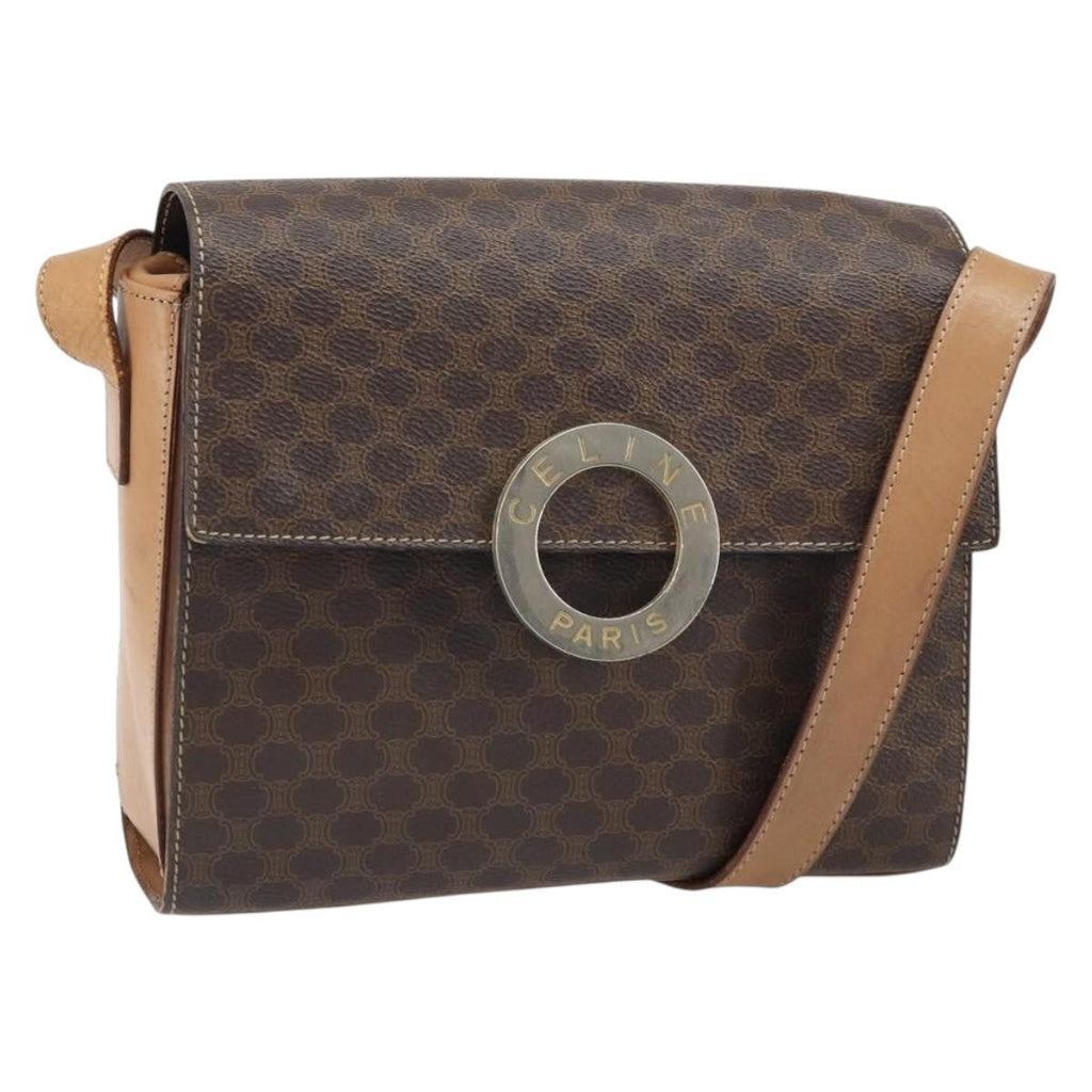 Celine Vintage Macadam Circle Logo Shoulder Bag Canvas And Leather Brown Canvas Shoulder Bag Bag