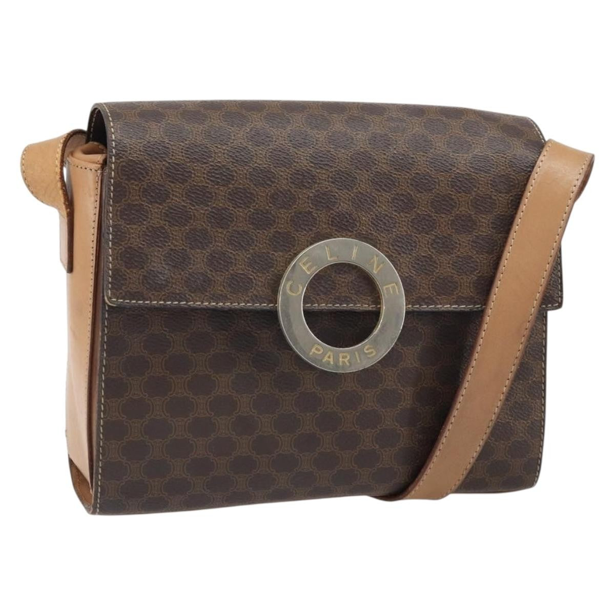 Celine Vintage Macadam Circle Logo Shoulder Bag Canvas And Leather Brown Canvas Shoulder Bag Bag