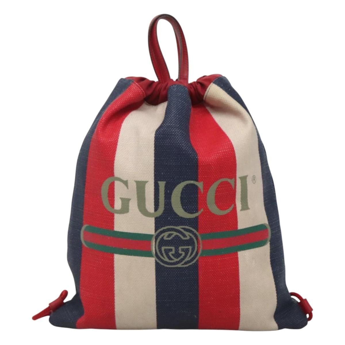 Gucci Logo Drawstring Backpack Striped Canvas Multicolour Canvas Backpack Bag (Pre-Owned)