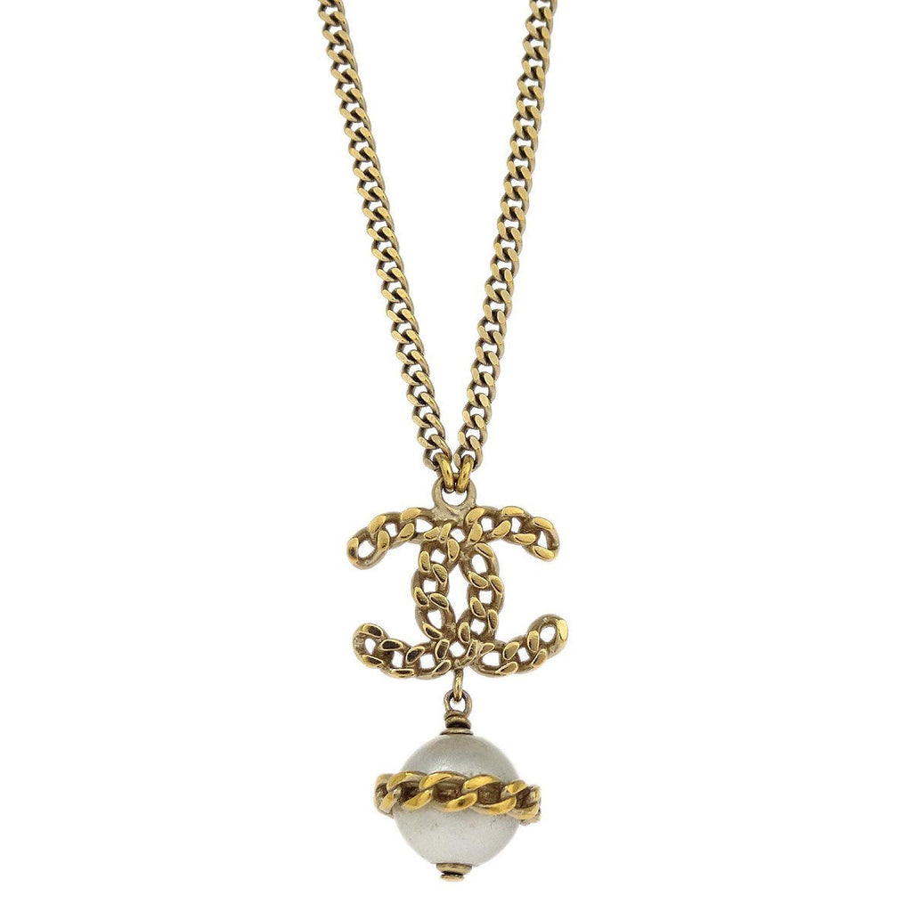 Chanel Cc Chain Necklace Metal With Faux Pearls Gold Gold_Plated Necklace Jewelry