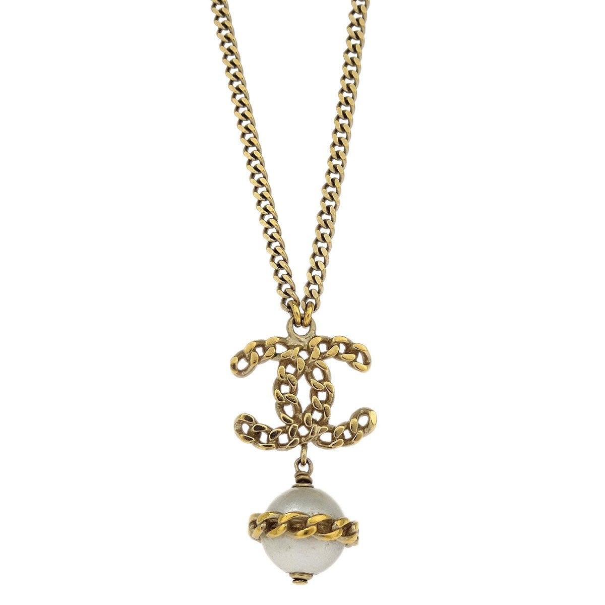 Chanel Cc Chain Necklace Metal With Faux Pearls Gold Gold_Plated Necklace Jewelry