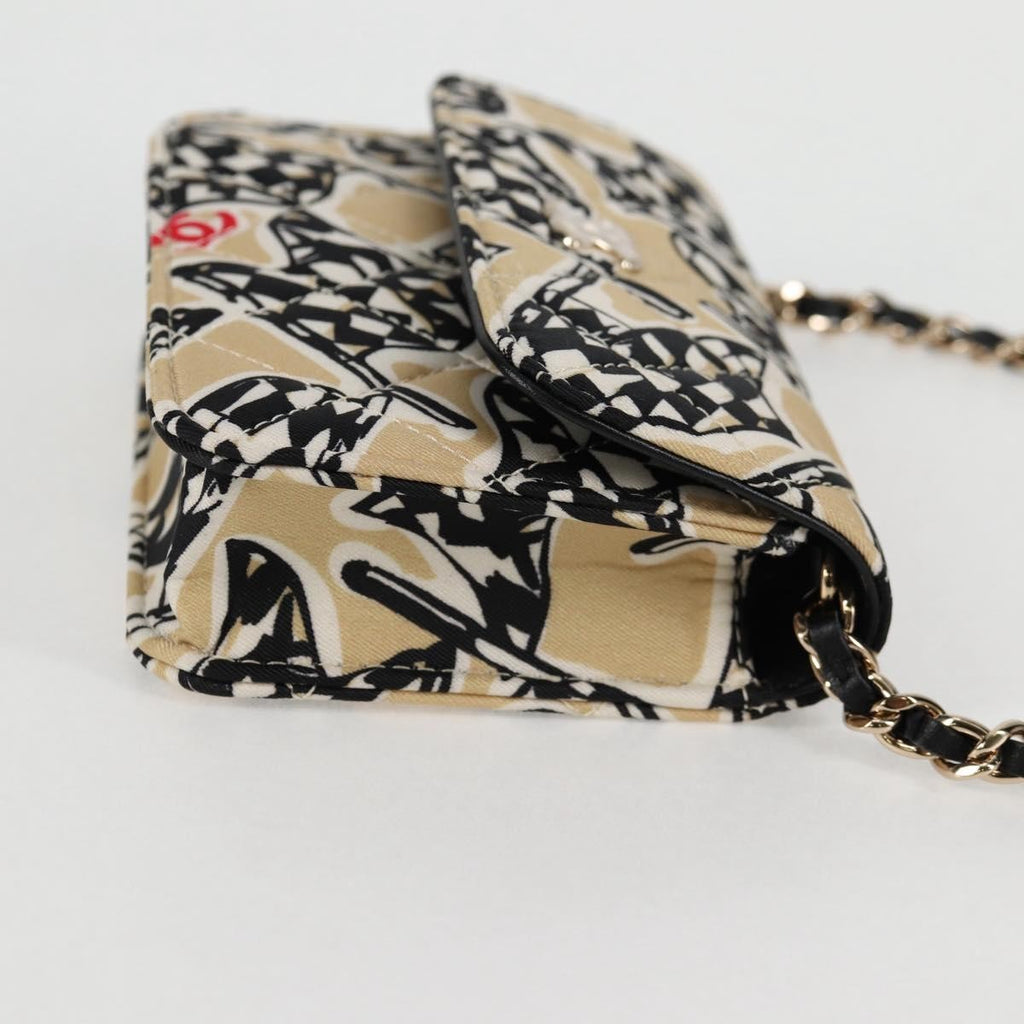 Chanel Flap Card Holder On Chain Quilted Printed Canvas Beige Nylon Shoulder Bag Bag