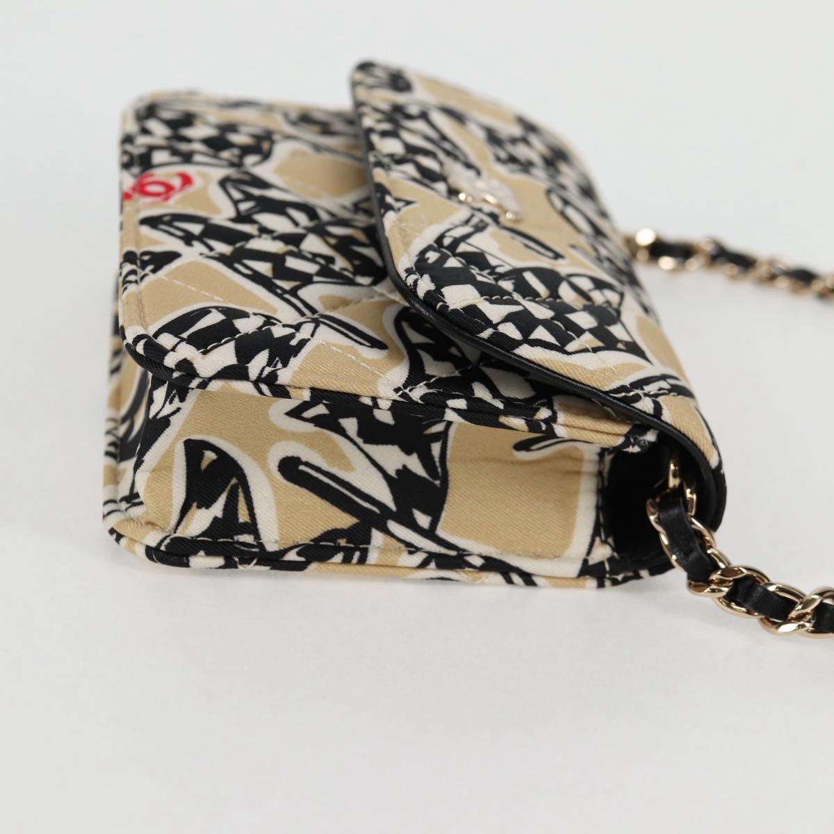 Chanel Flap Card Holder On Chain Quilted Printed Canvas Beige Nylon Shoulder Bag Bag
