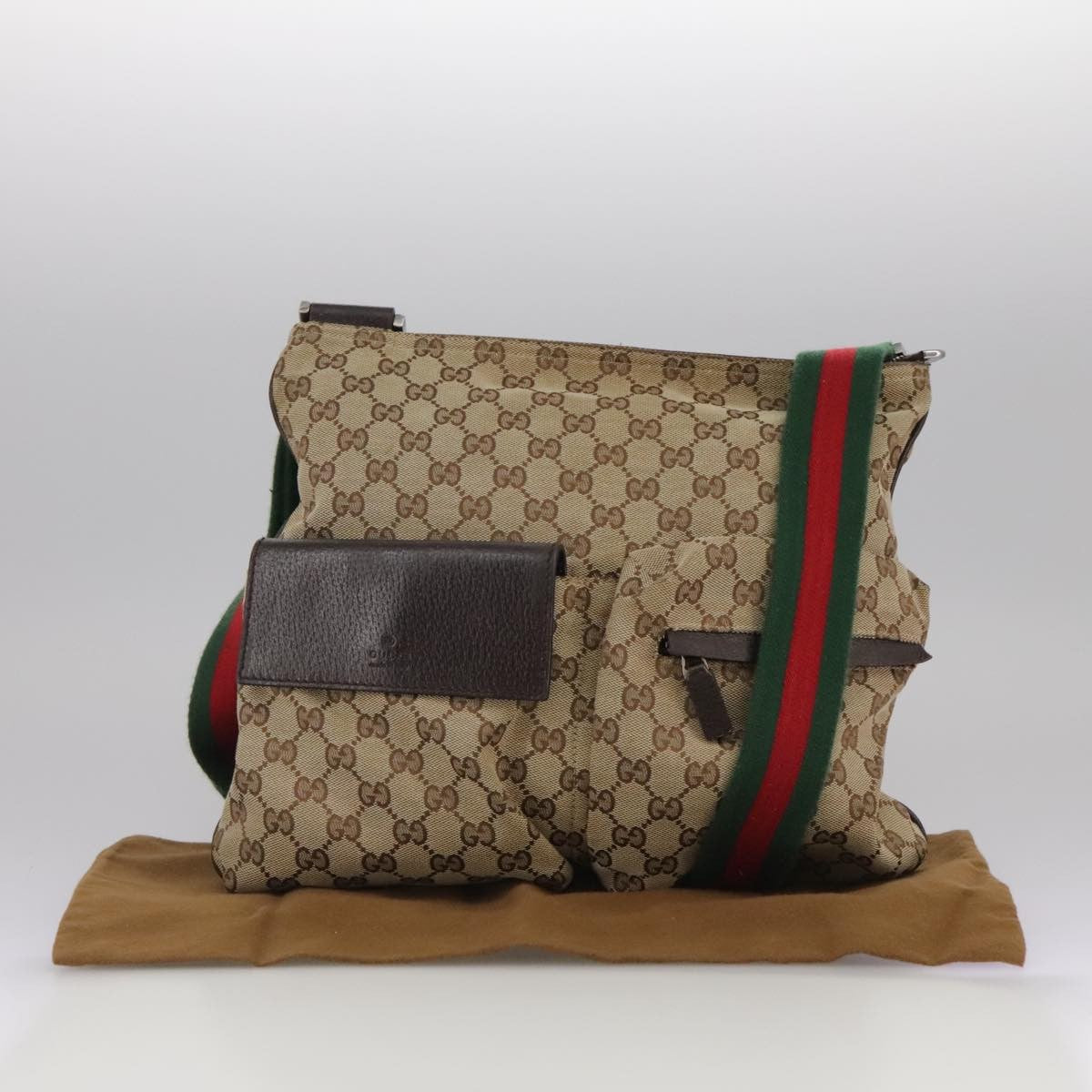 Gucci Double Pocket Web Messenger Gg Canvas Brown Canvas Shoulder Bag Bag (Pre-Owned)