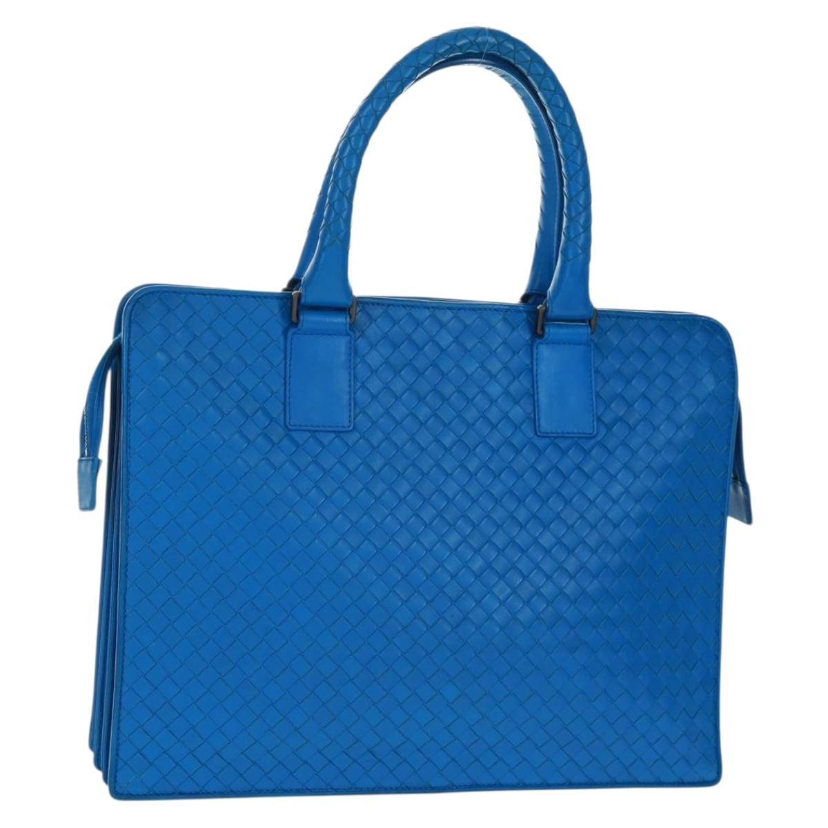 Bottega Veneta Top Zip Briefcase Intrecciato Nappa Blue Leather Briefcase Bag