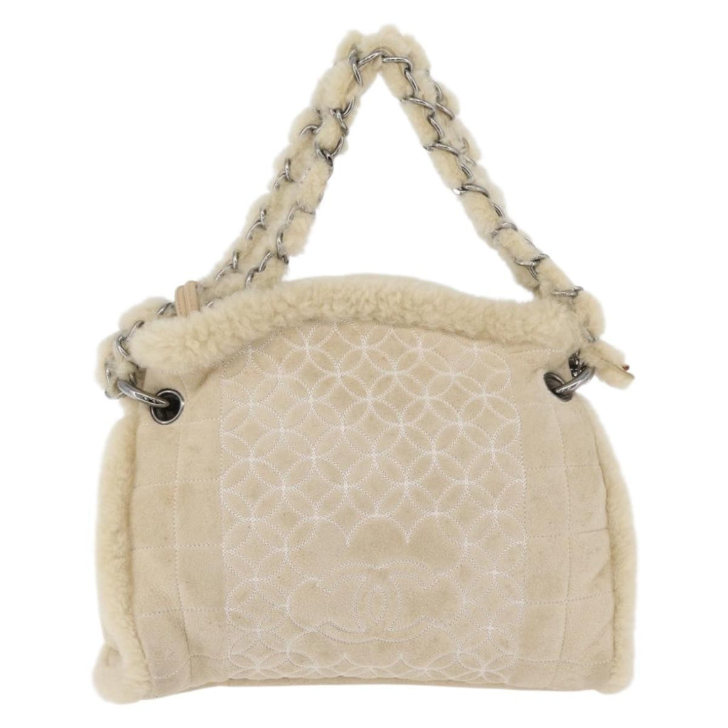 Chanel Vintage Embroidered Cc Chain Tote Quilted Suede And Shearling Silver Canvas Tote Bag Bag