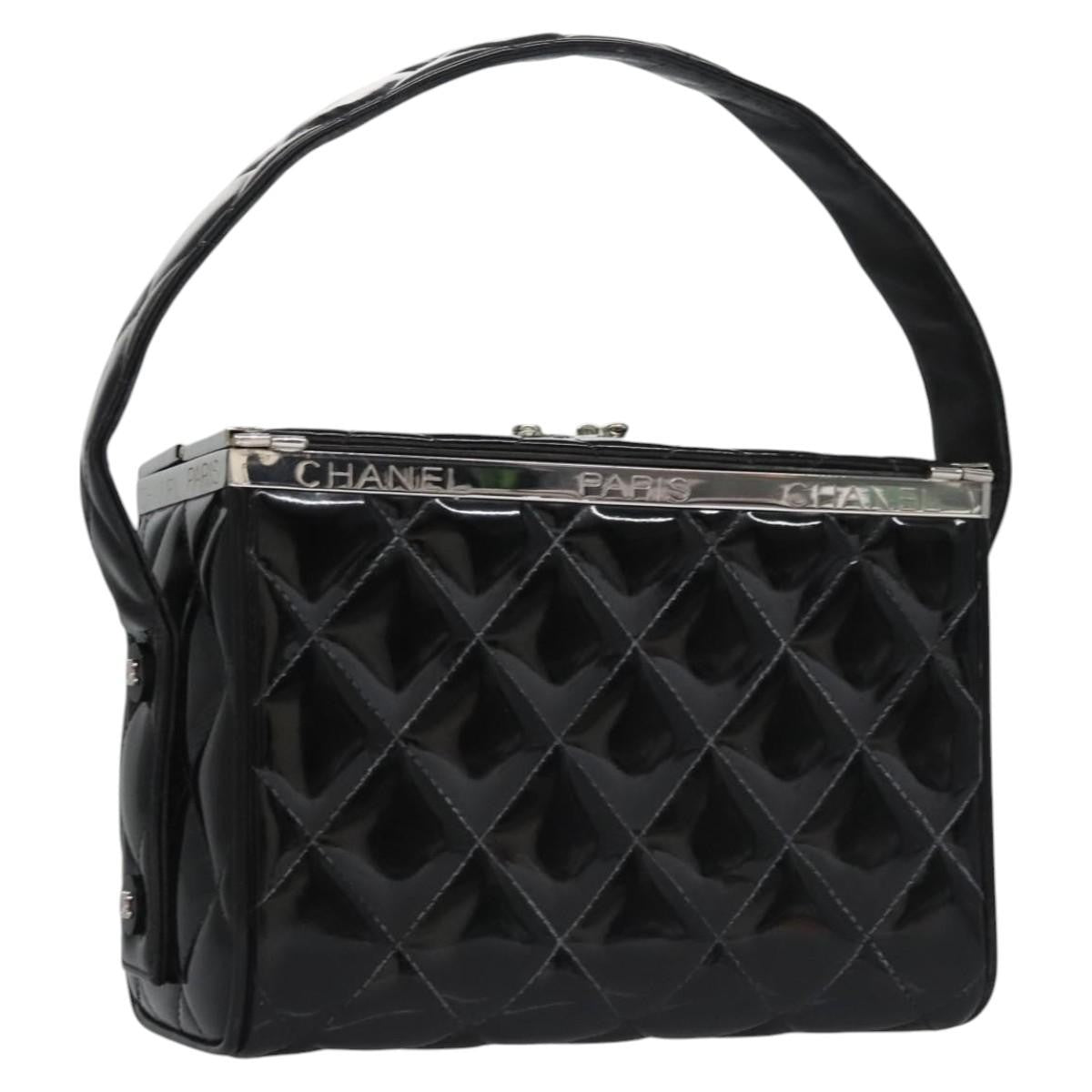 Chanel Vintage Metal Box Bag Quilted Patent Black Patent_Leather Handbag