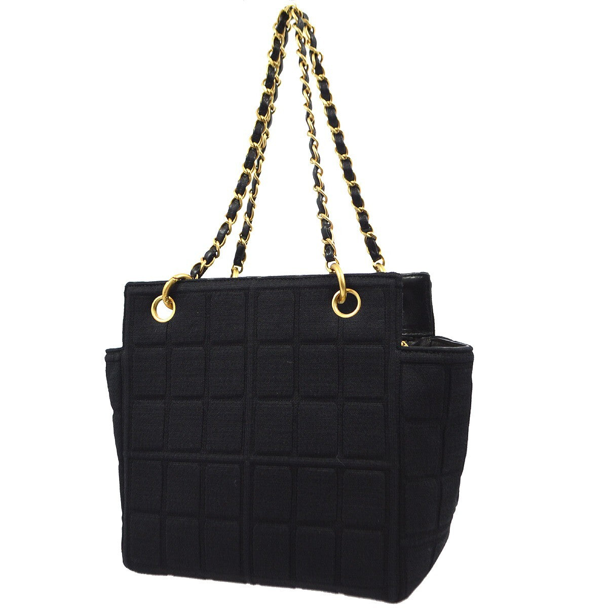 Chanel Chocolate Bar Chain Tote Quilted Jersey Black Cotton Handbag