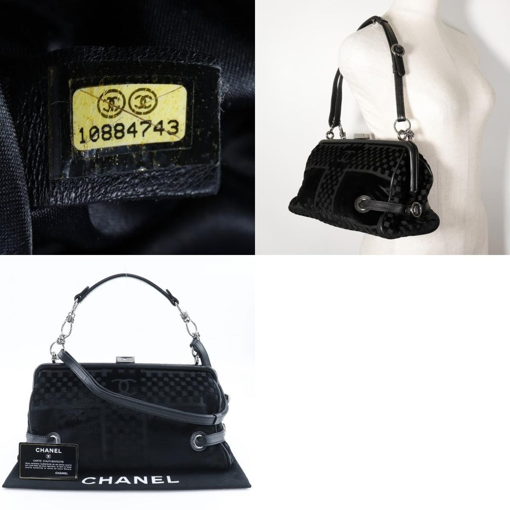 Chanel Vintage Cc Side Belted Bowler Bag Check Embossed Velvet Black Velvet Shoulder Bag Bag