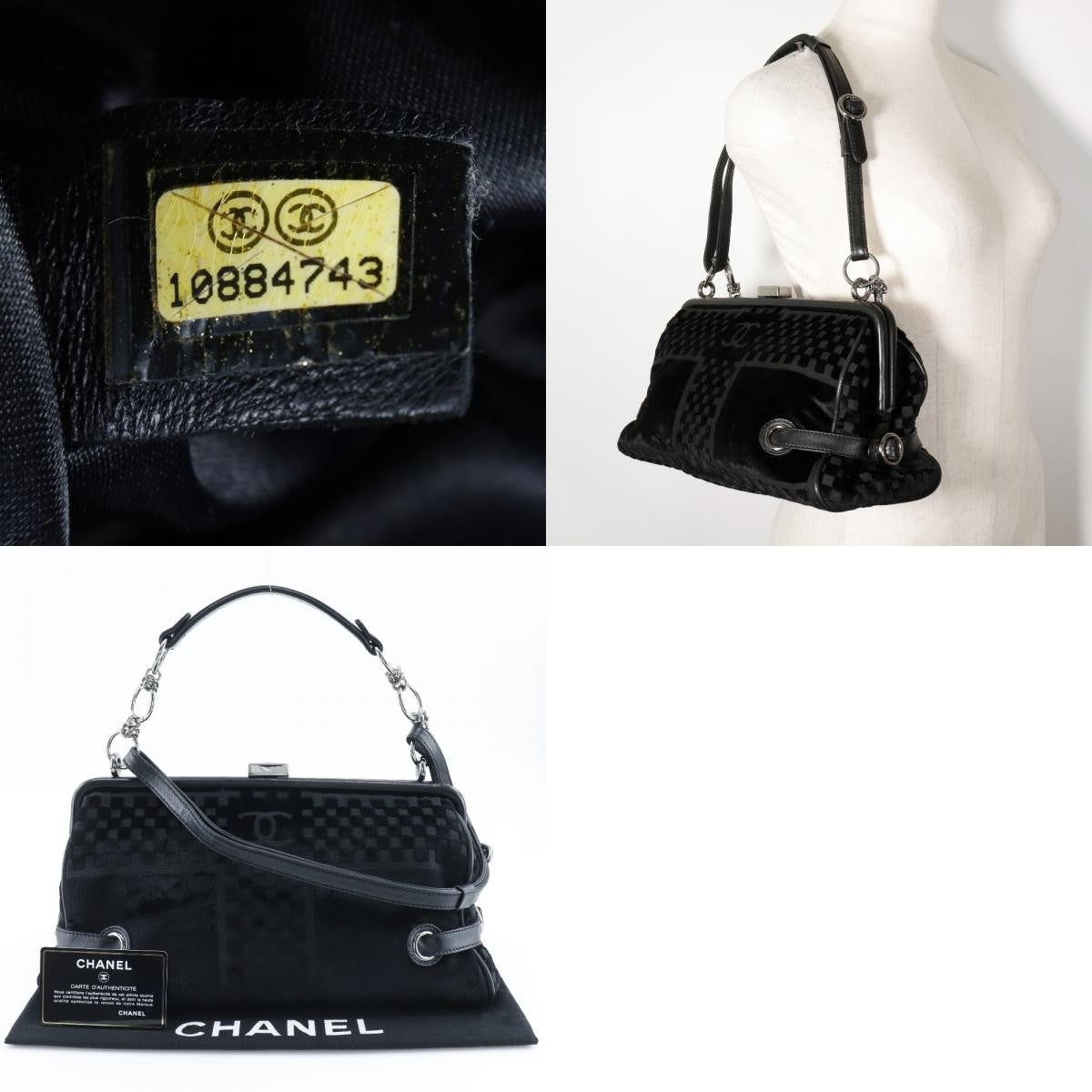 Chanel Vintage Cc Side Belted Bowler Bag Check Embossed Velvet Black Velvet Shoulder Bag Bag