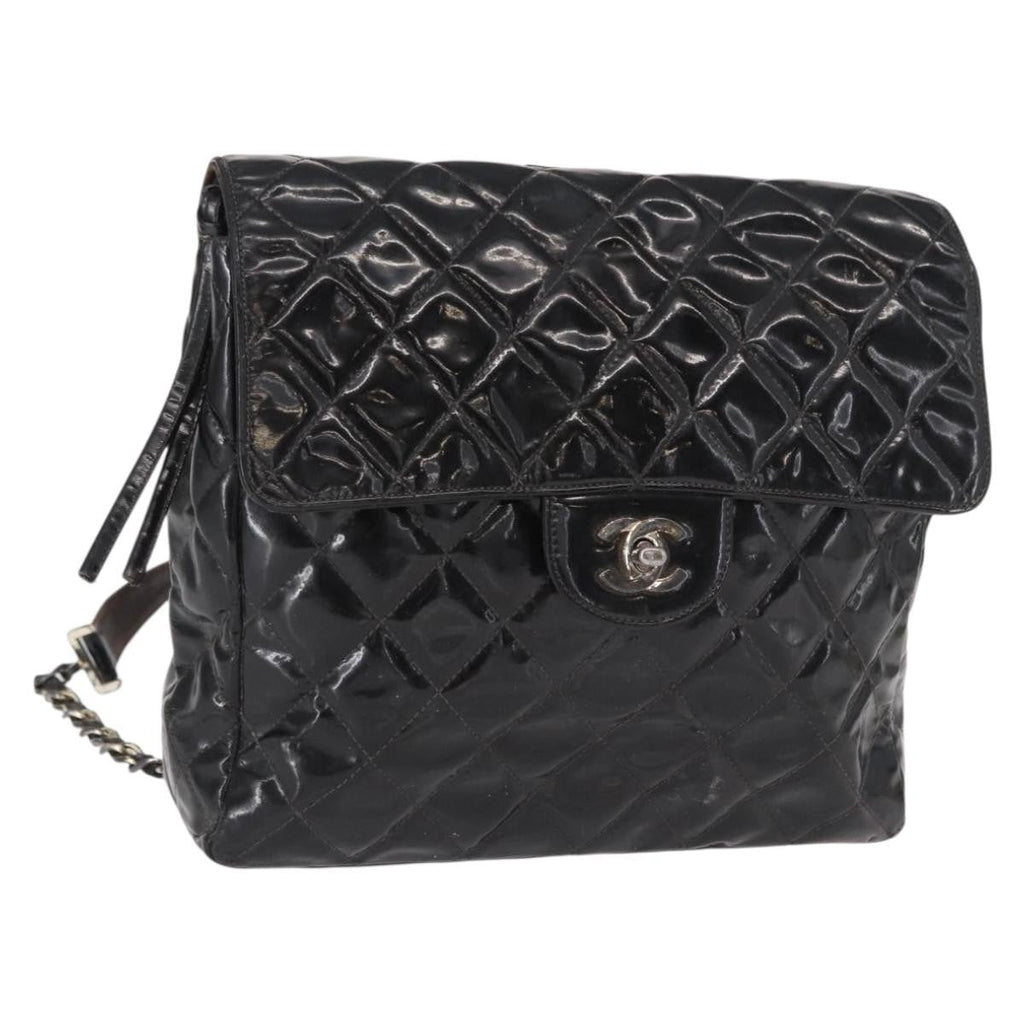 Chanel Vintage Square Flap Backpack Enamel Black Patent_Leather Backpack Bag