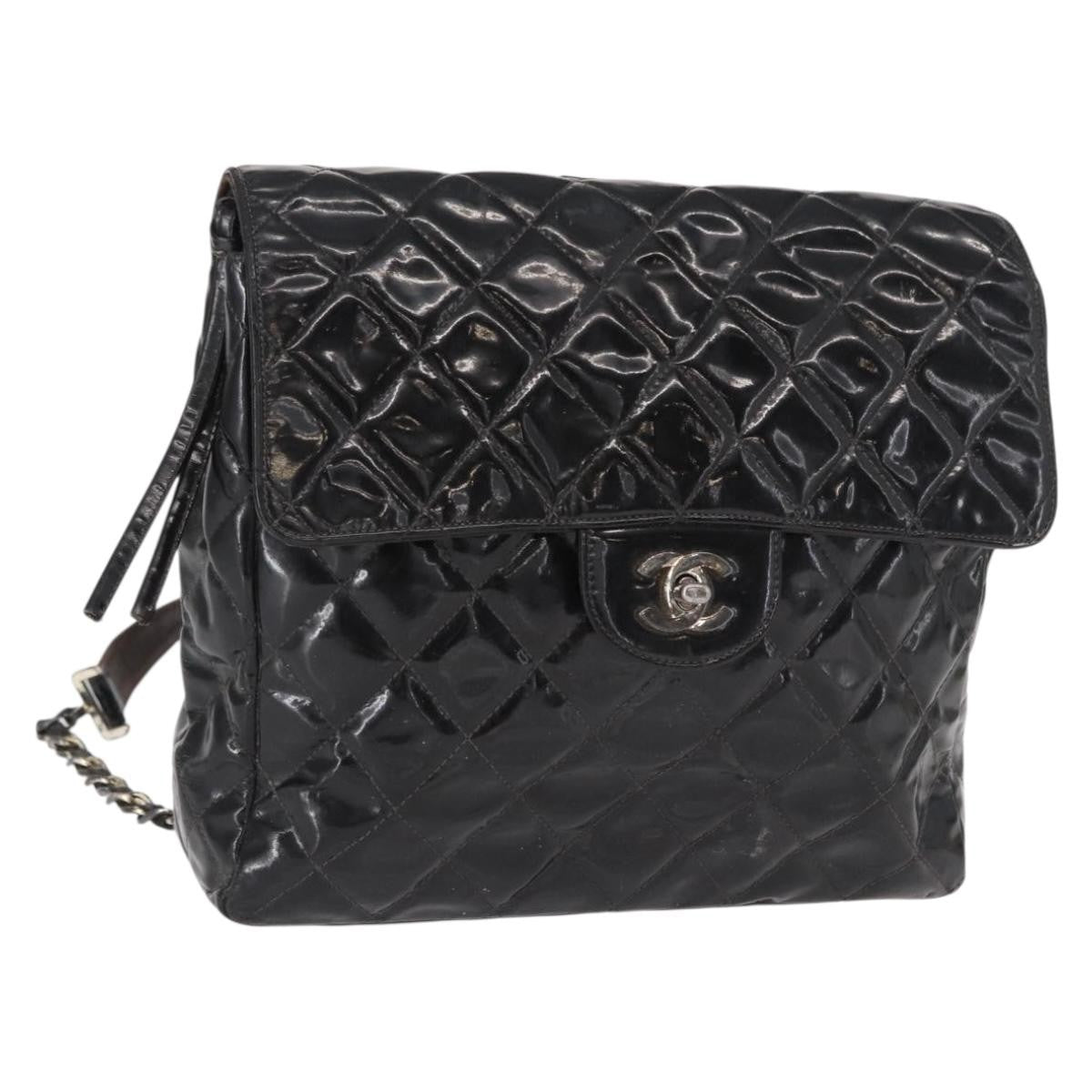 Chanel Vintage Square Flap Backpack Enamel Black Patent_Leather Backpack Bag