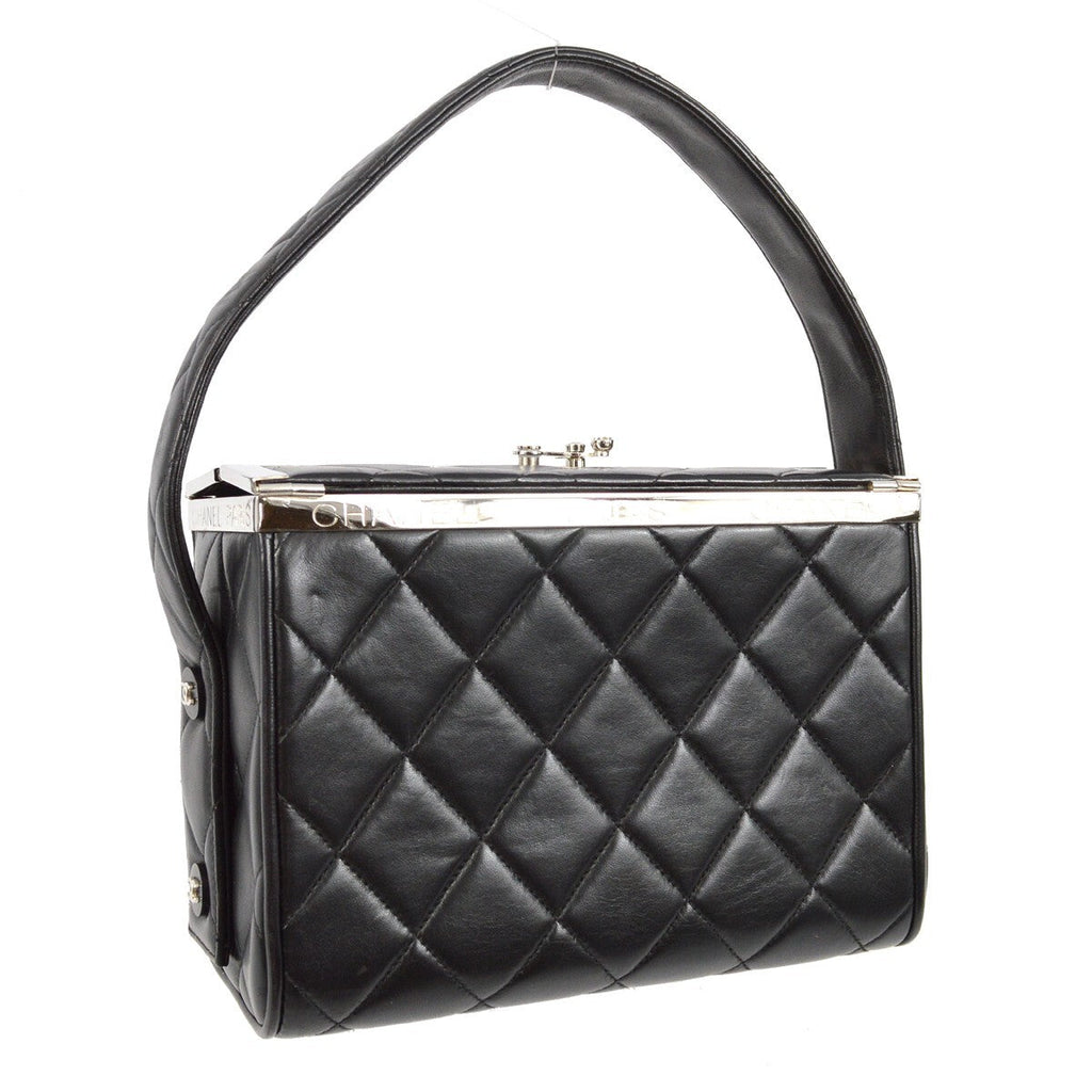 Chanel Vintage Metal Box Bag Quilted Lambskin Black Leather Handbag