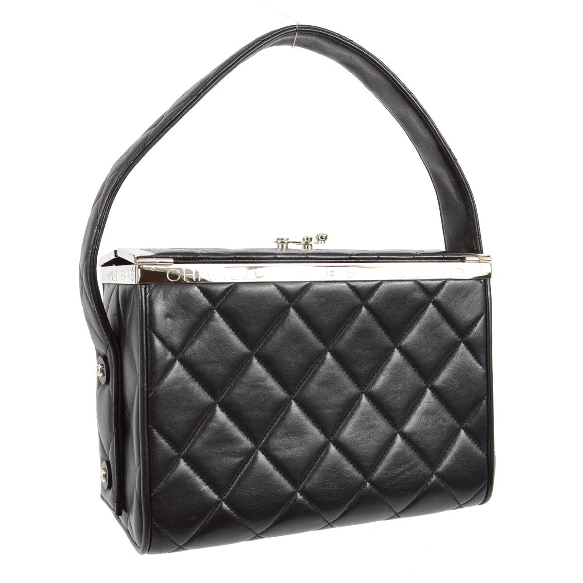 Chanel Vintage Metal Box Bag Quilted Lambskin Black Leather Handbag