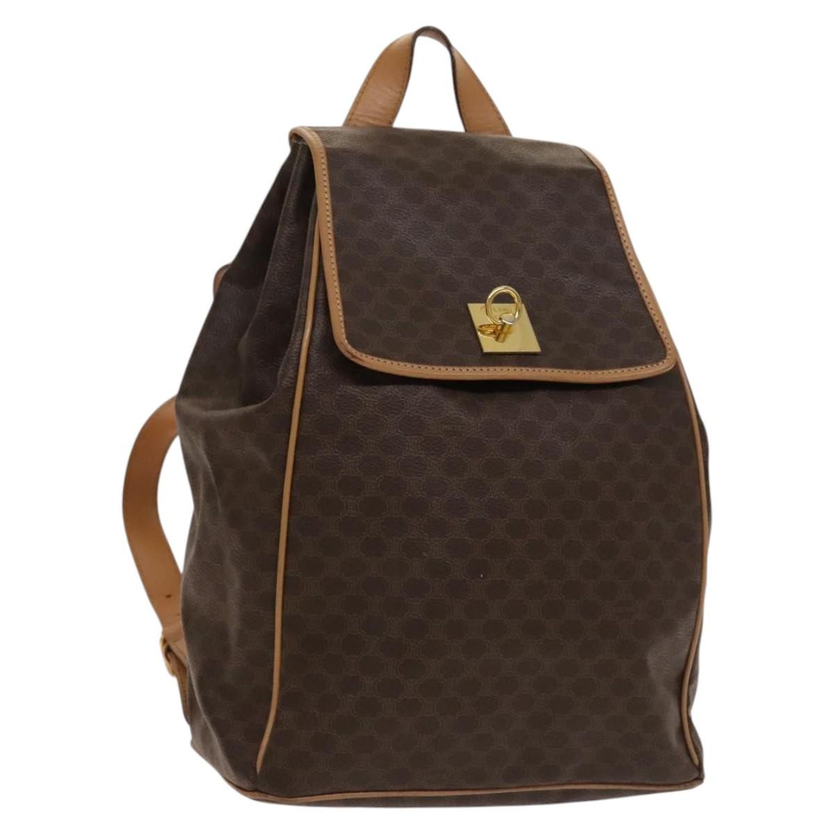 Celine Vintage Drawstring Flap Backpack Macadam Coated Canvas Brown Canvas Backpack Bag
