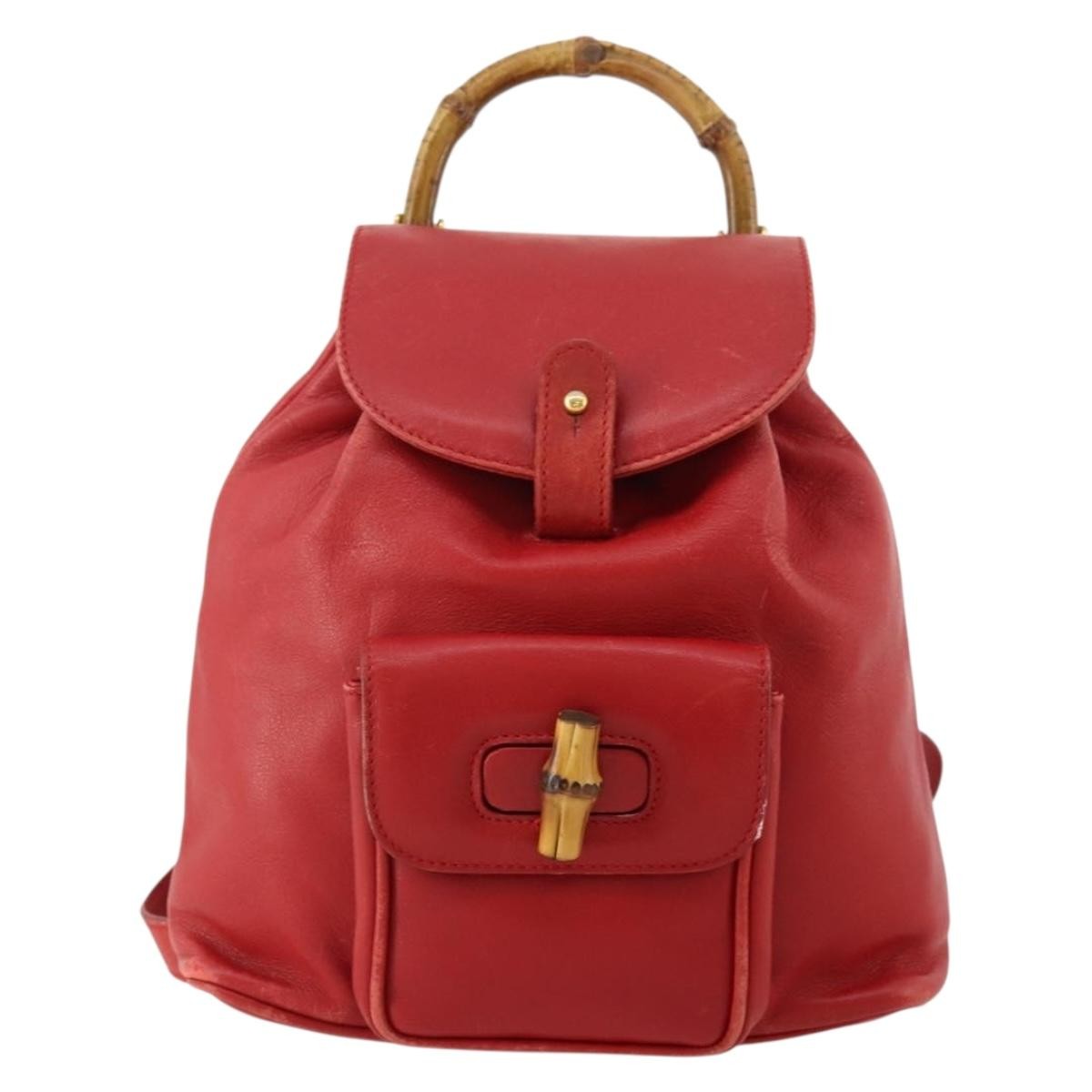 Gucci Vintage Bamboo Backpack Leather Red Leather Backpack Bag (Pre-Owned)