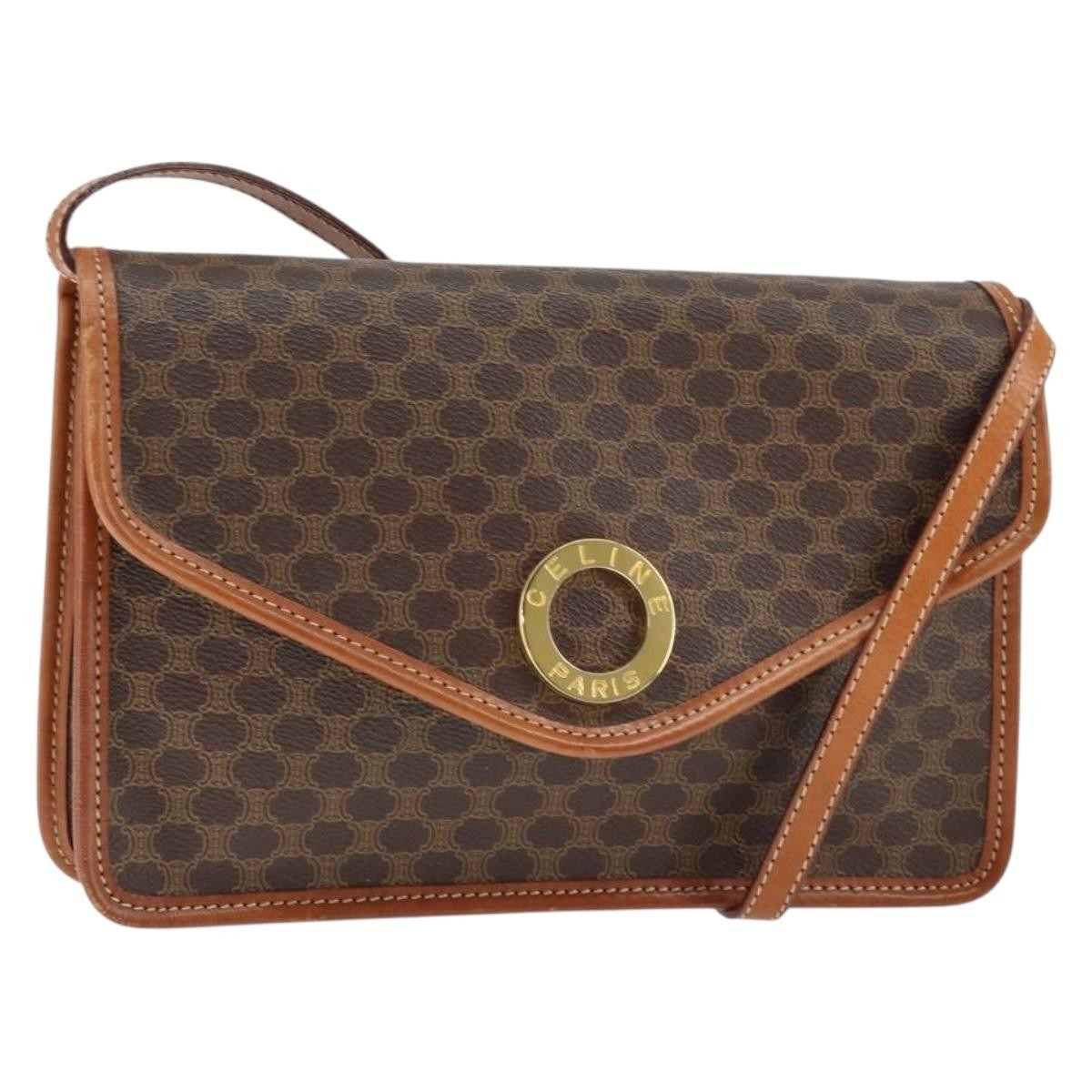 Celine Vintage Macadam Circle Logo Shoulder Bag Canvas And Leather Brown Canvas Shoulder Bag Bag