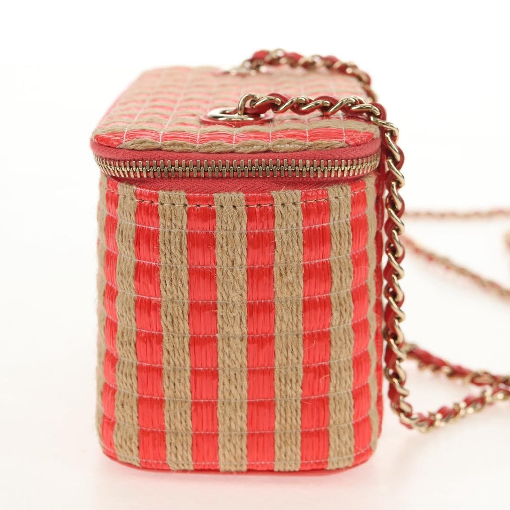 Chanel Classic Vanity Case With Chain Striped Raffia And Jute Beige Canvas Clutche & Pouche Bag