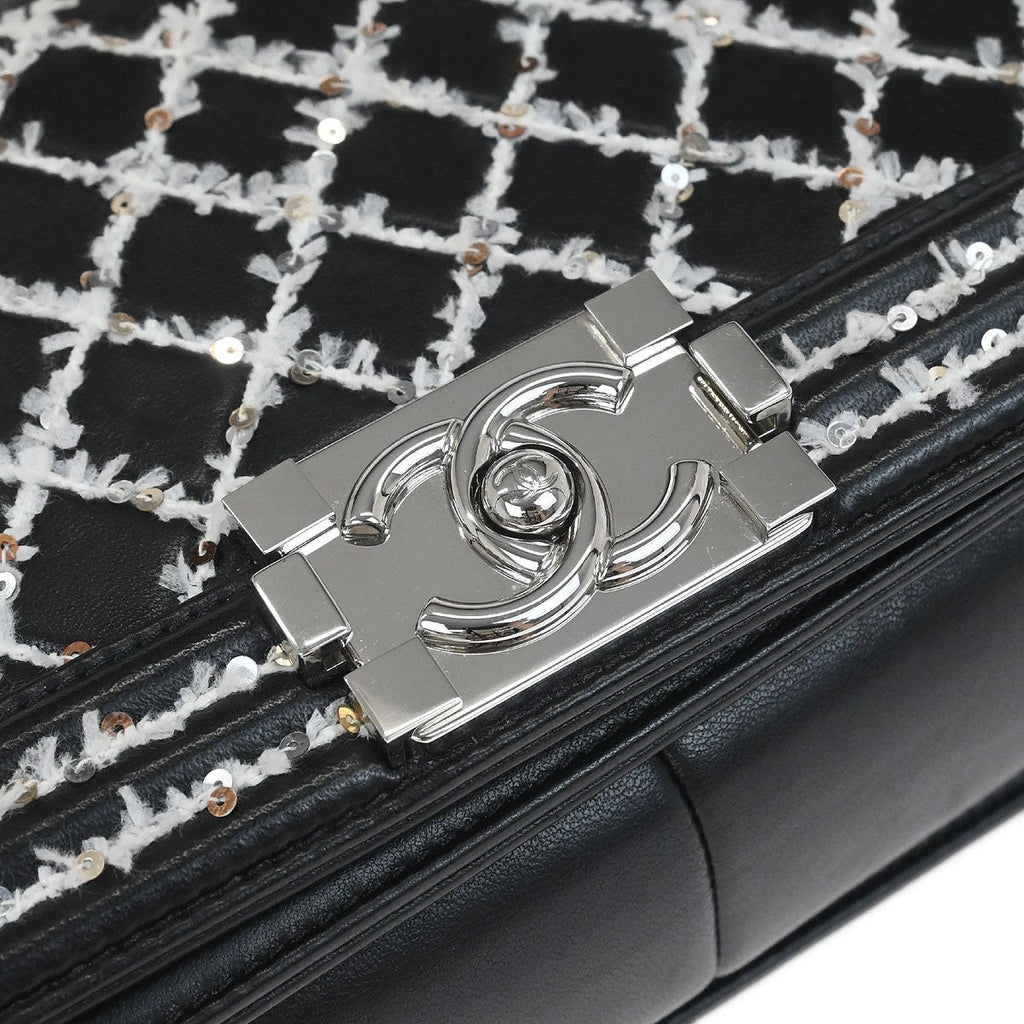 Chanel Boy Flap Bag Sequin Quilted Calfskin Black Leather Shoulder Bag Bag