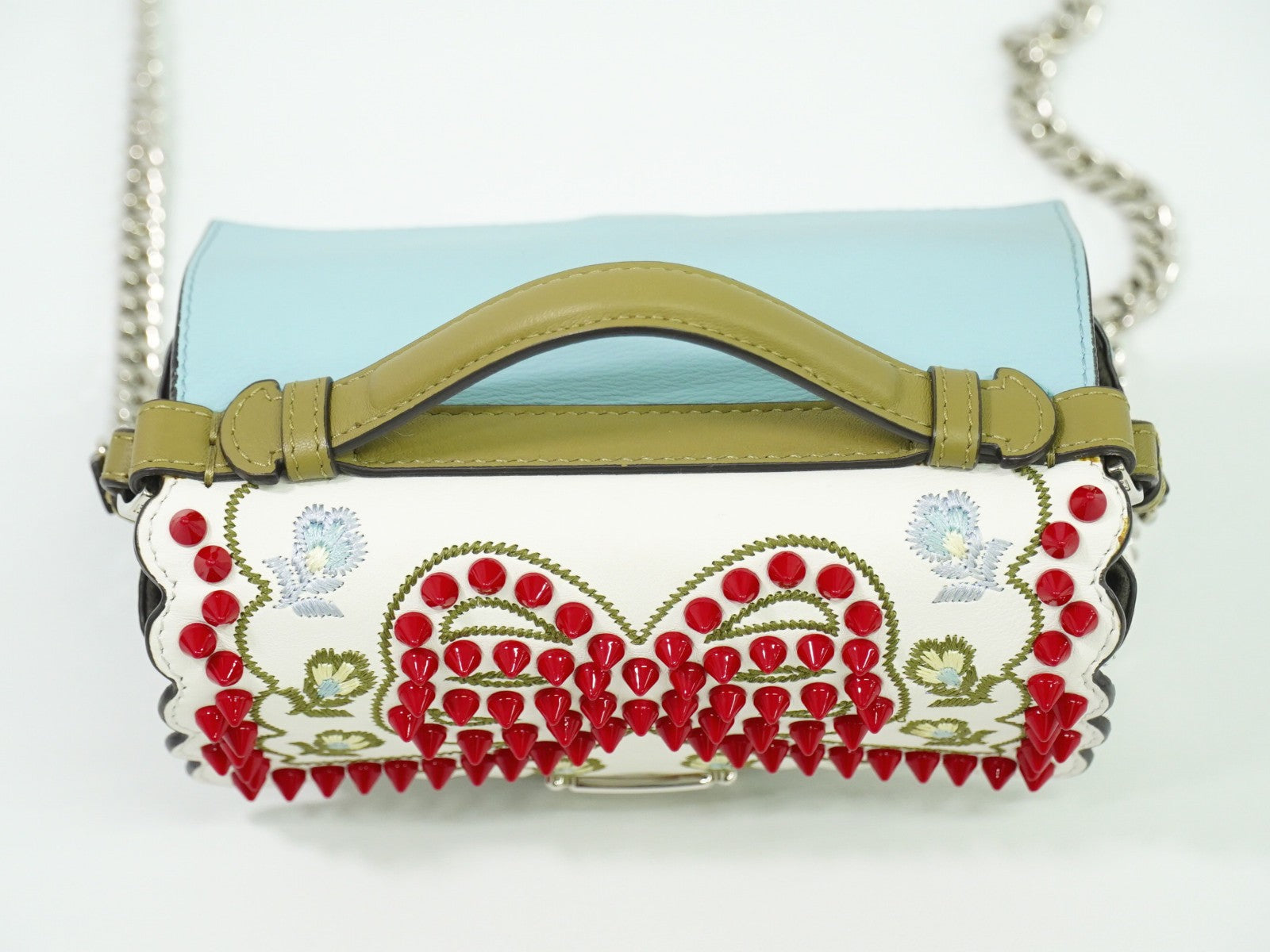 Fendi Double Baguette Embroidered Studded Leather White Leather Shoulder Bag Bag