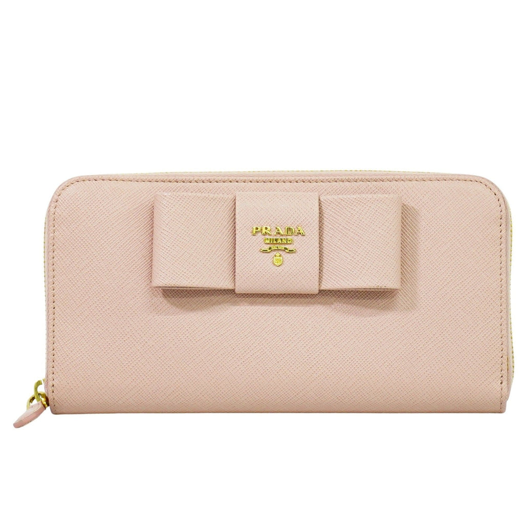 Prada Bow Zip Around Wallet Saffiano Leather Pink Leather Wallets Accessory