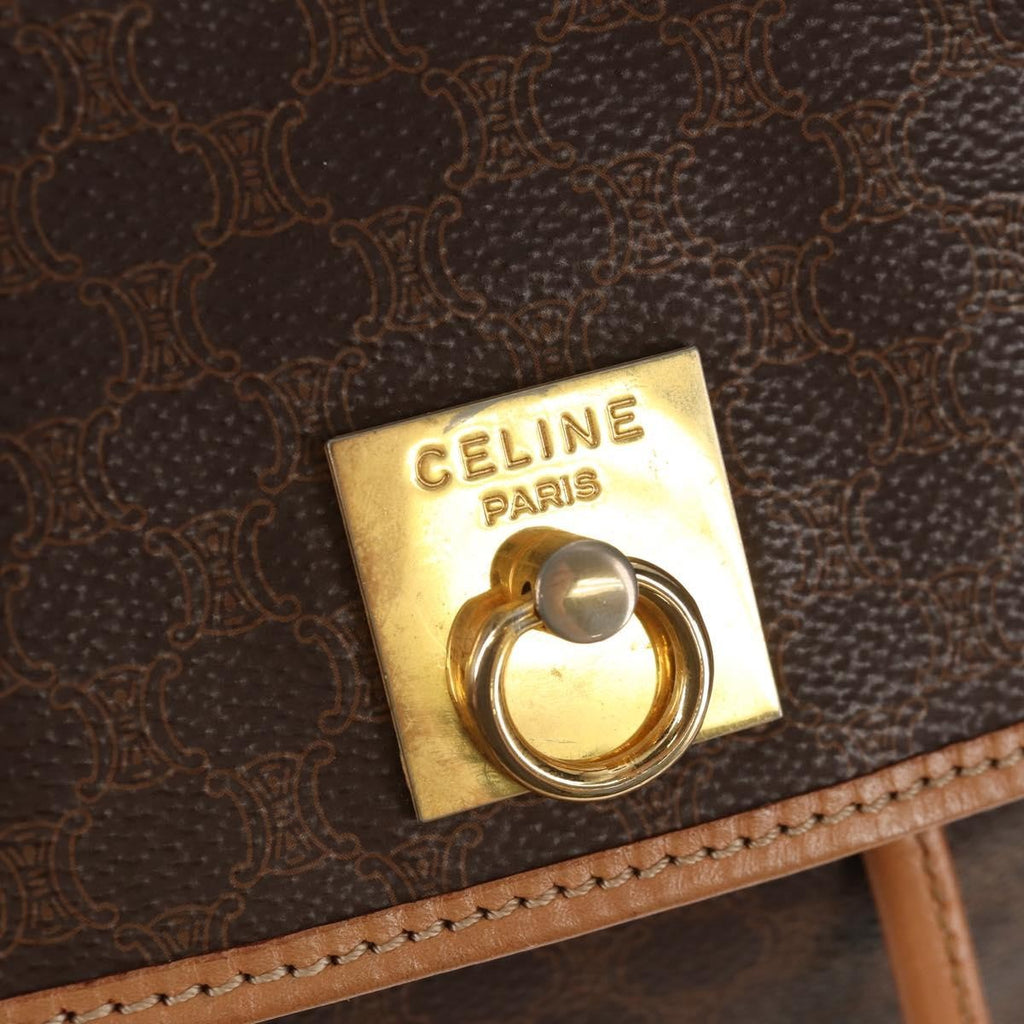 Celine Vintage Drawstring Flap Backpack Macadam Coated Canvas Brown Canvas Backpack Bag