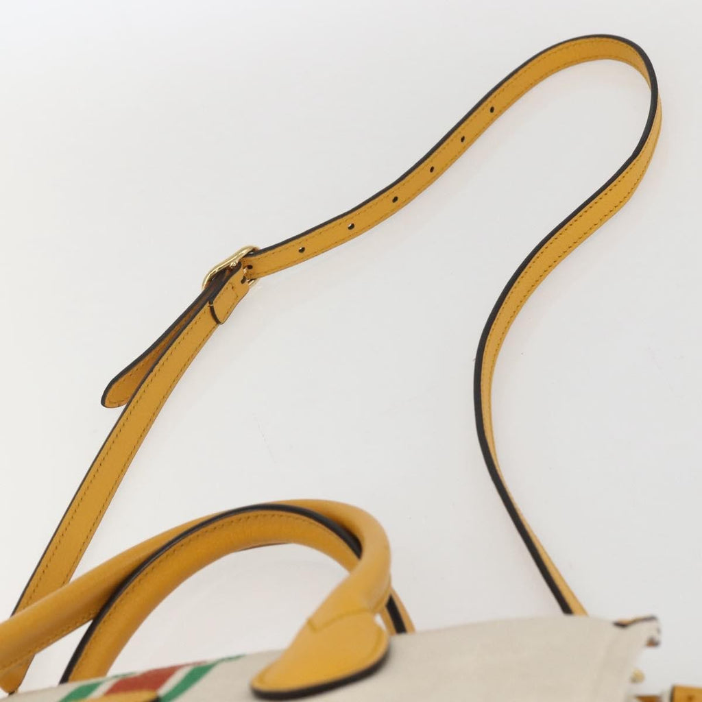 Gucci Foldable Web Tote Canvas With Leather Beige Canvas Tote Bag Bag (Pre-Owned)