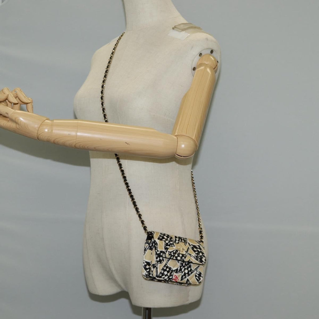 Chanel Flap Card Holder On Chain Quilted Printed Canvas Beige Nylon Shoulder Bag Bag