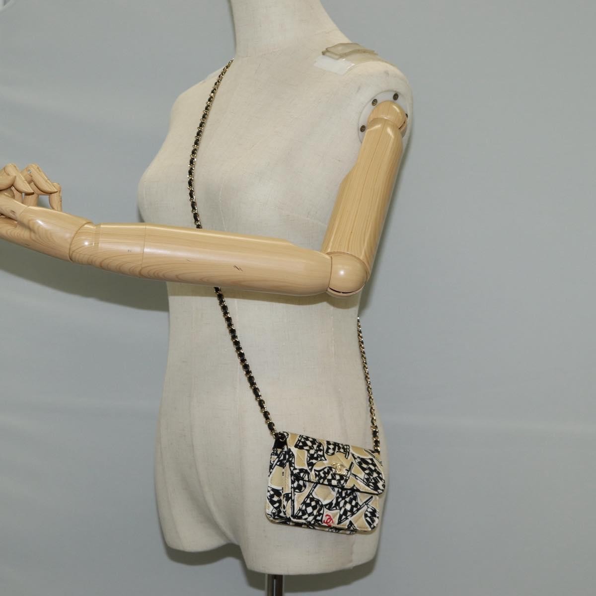 Chanel Flap Card Holder On Chain Quilted Printed Canvas Beige Nylon Shoulder Bag Bag