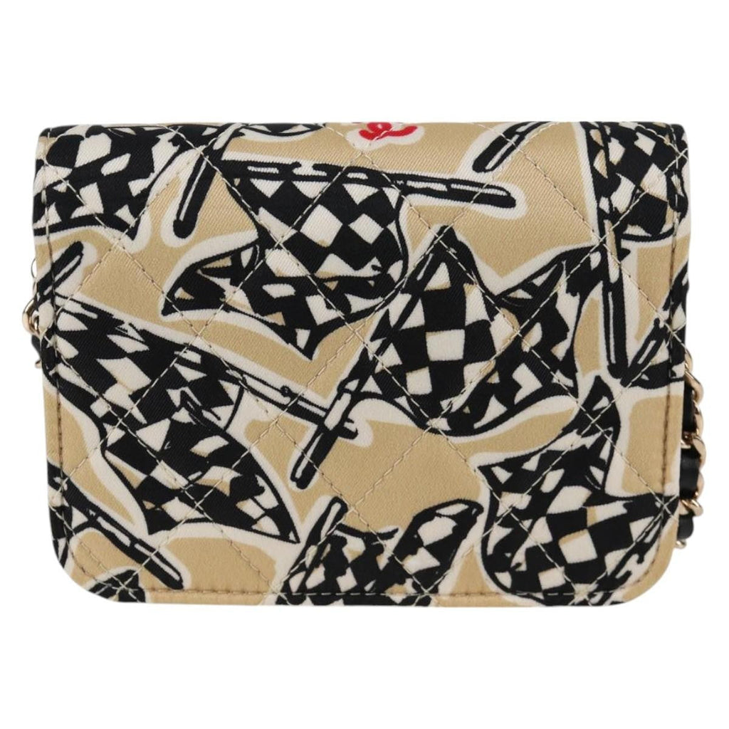 Chanel Flap Card Holder On Chain Quilted Printed Canvas Beige Nylon Shoulder Bag Bag