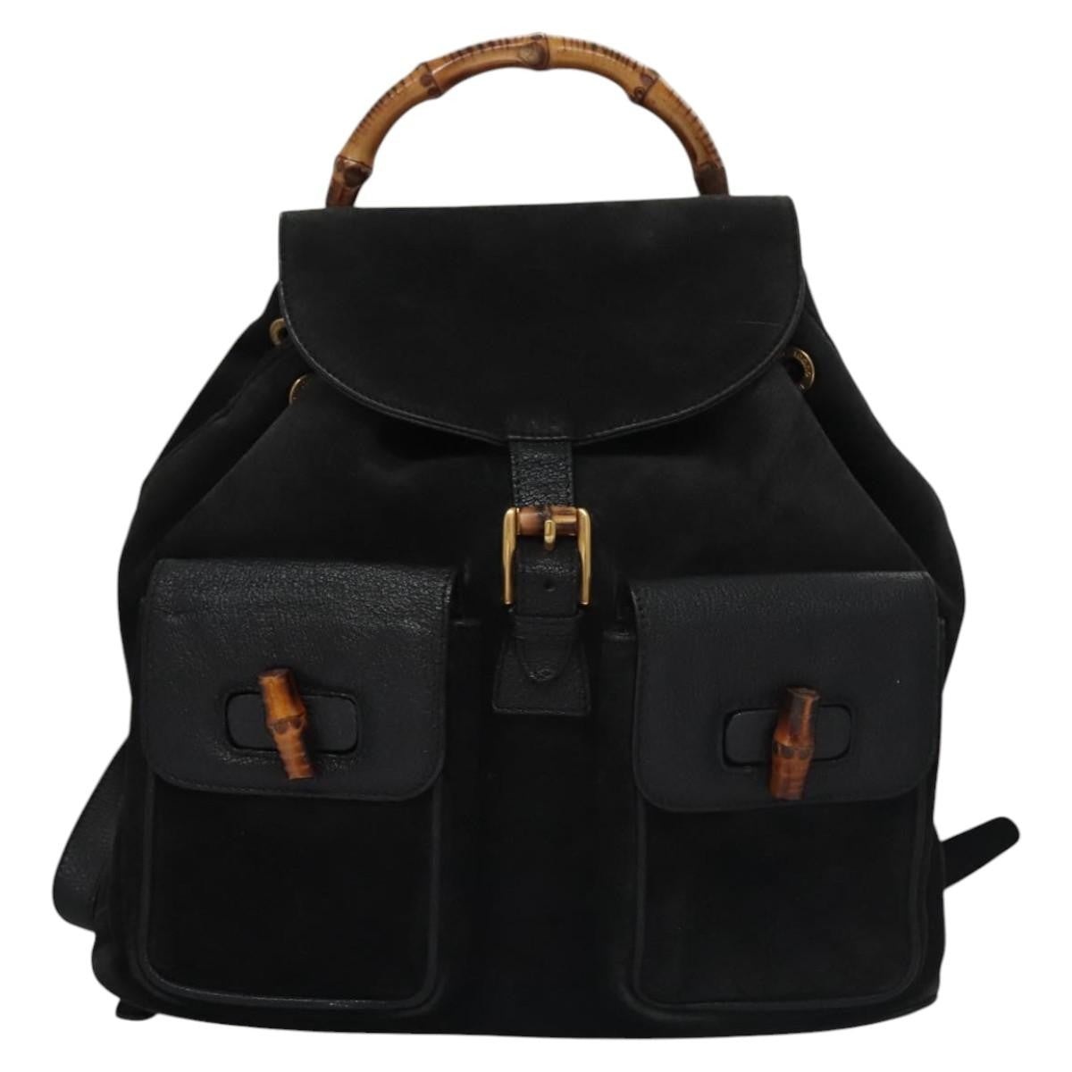 Gucci Vintage Bamboo Backpack Suede And Leather Black Suede Backpack Bag (Pre-Owned)