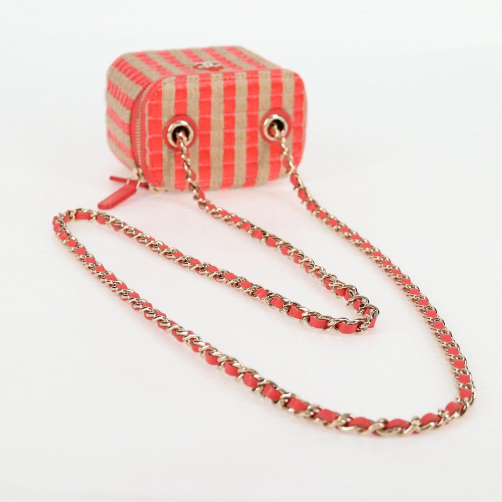 Chanel Classic Vanity Case With Chain Striped Raffia And Jute Red Canvas Shoulder Bag Bag