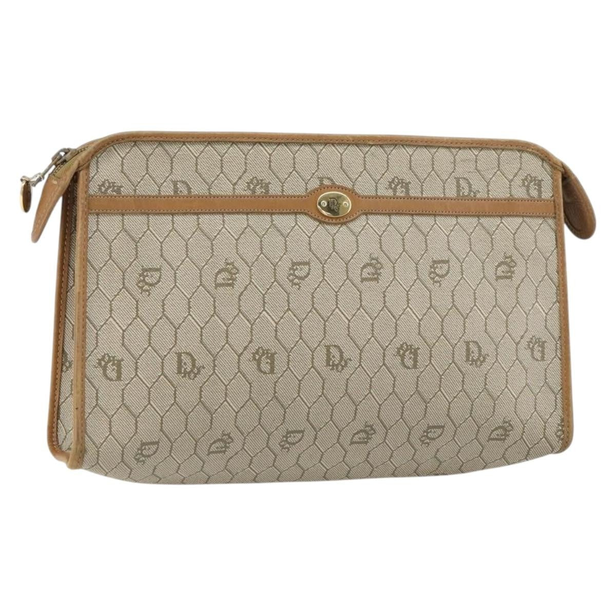 Christian Dior Vintage Honeycomb Zip Pouch Canvas And Leather Beige Canvas Clutche & Pouche Bag (Pre-Owned)