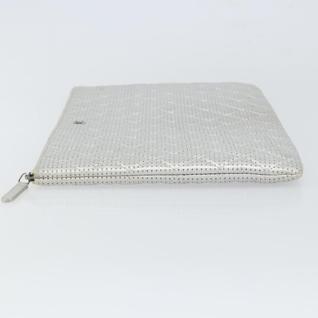 Chanel O Case Clutch Quilted Perforated Lambskin Silver Leather Clutche & Pouche Bag