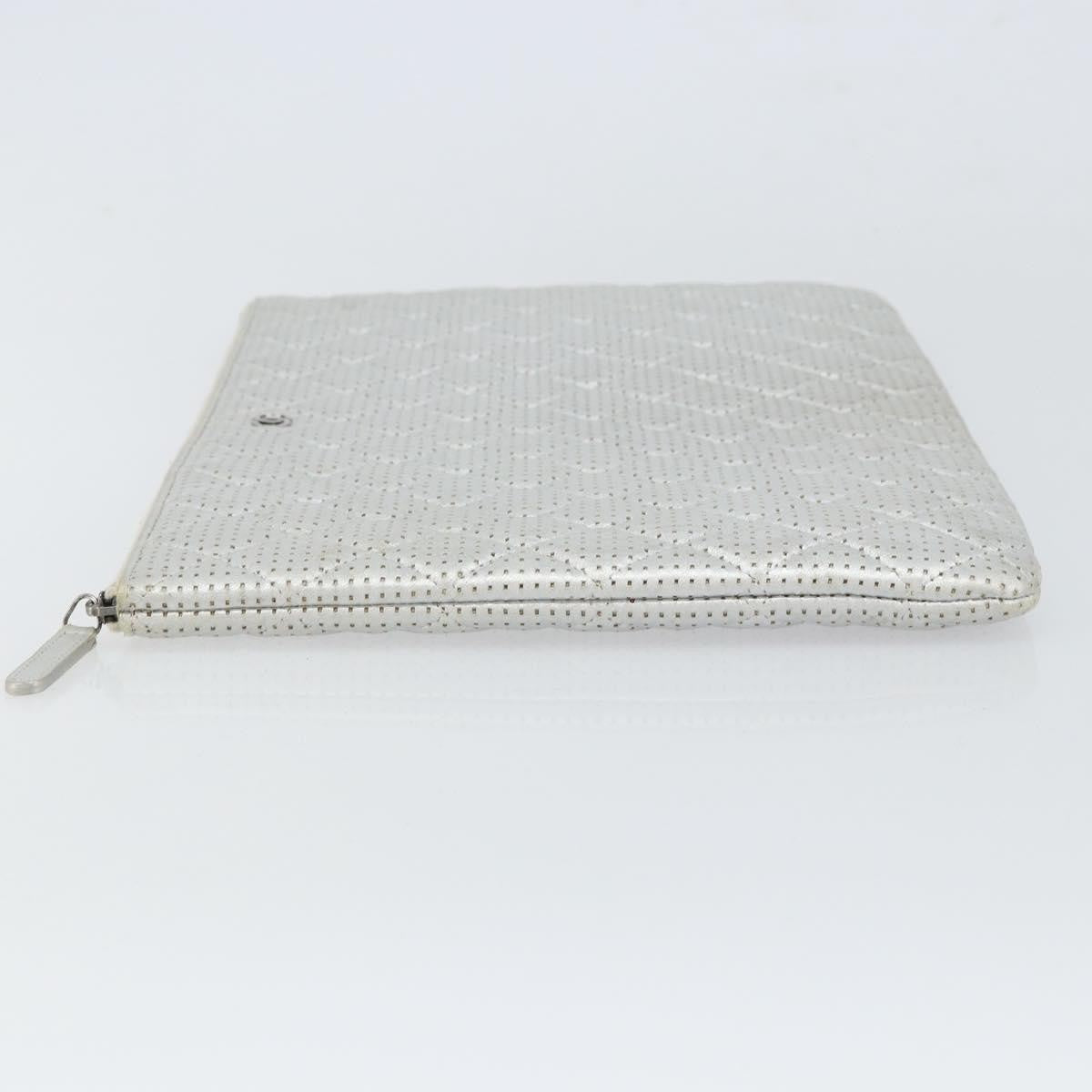 Chanel O Case Clutch Quilted Perforated Lambskin Silver Leather Clutche & Pouche Bag