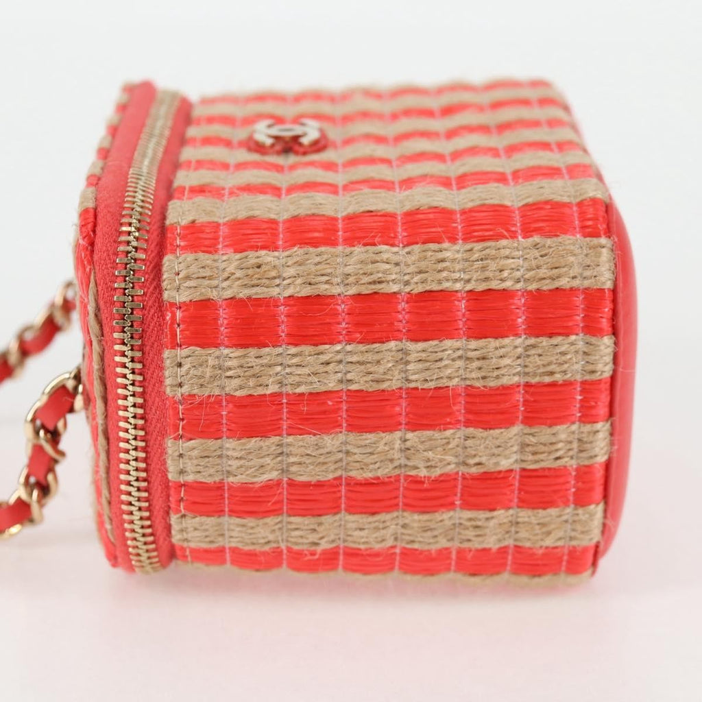 Chanel Classic Vanity Case With Chain Striped Raffia And Jute Red Canvas Shoulder Bag Bag