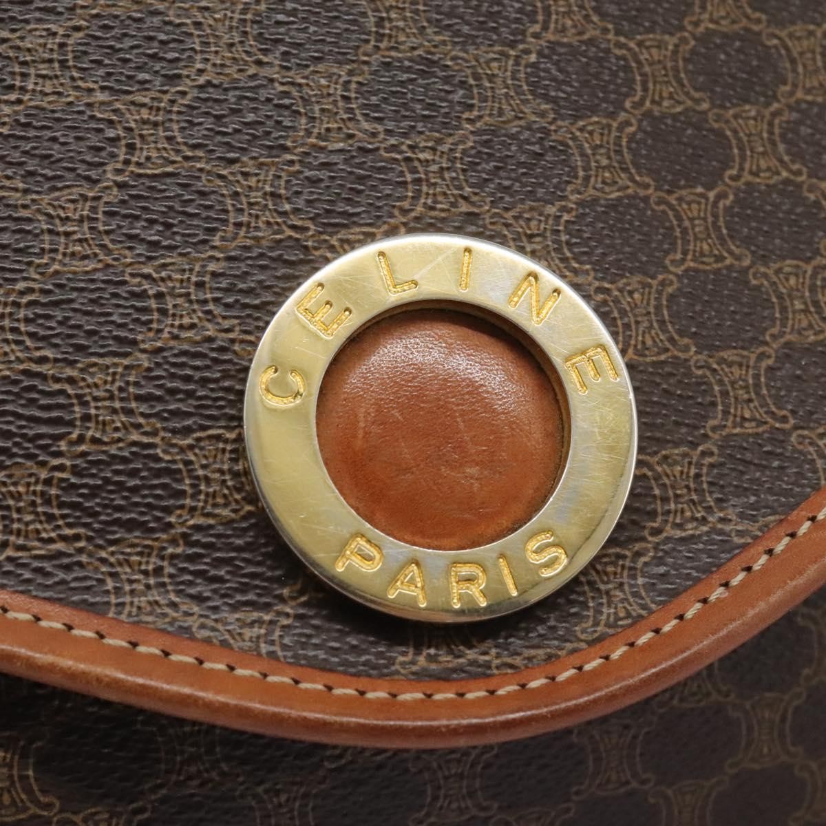 Celine Vintage Macadam Circle Logo Shoulder Bag Canvas And Leather Brown Canvas Shoulder Bag Bag