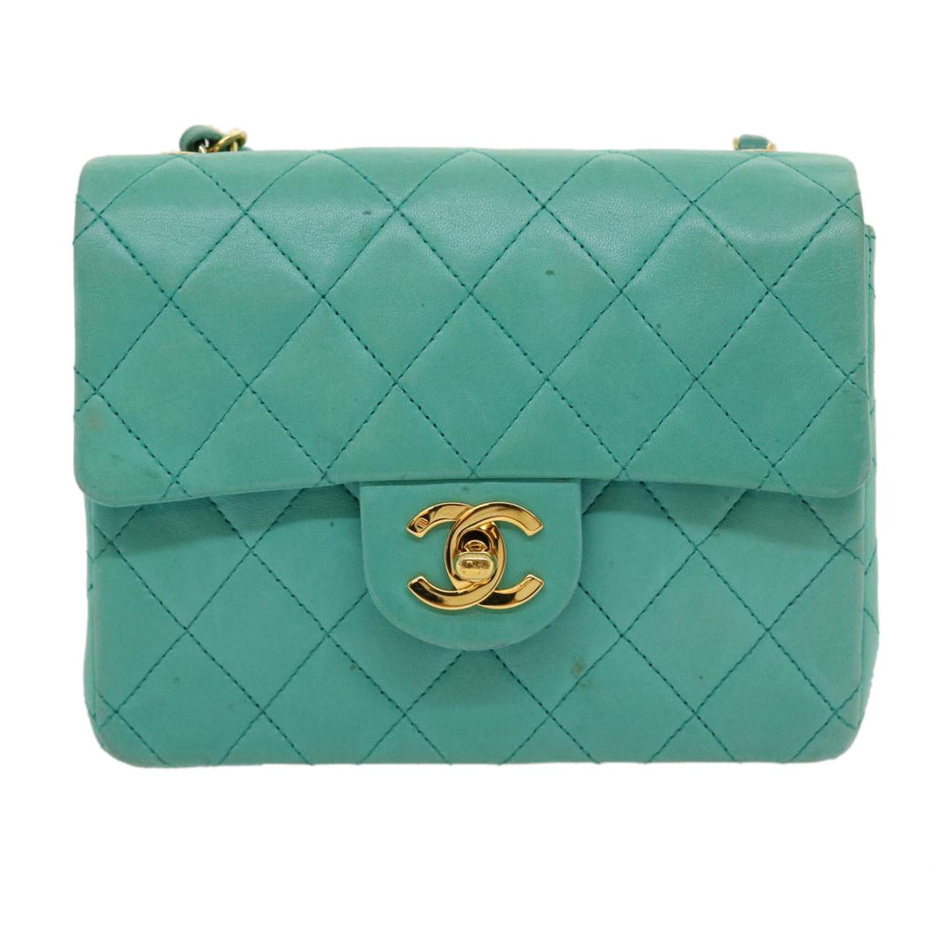 Chanel Square Classic Single Flap Bag Quilted Lambskin Blue Leather Handbag