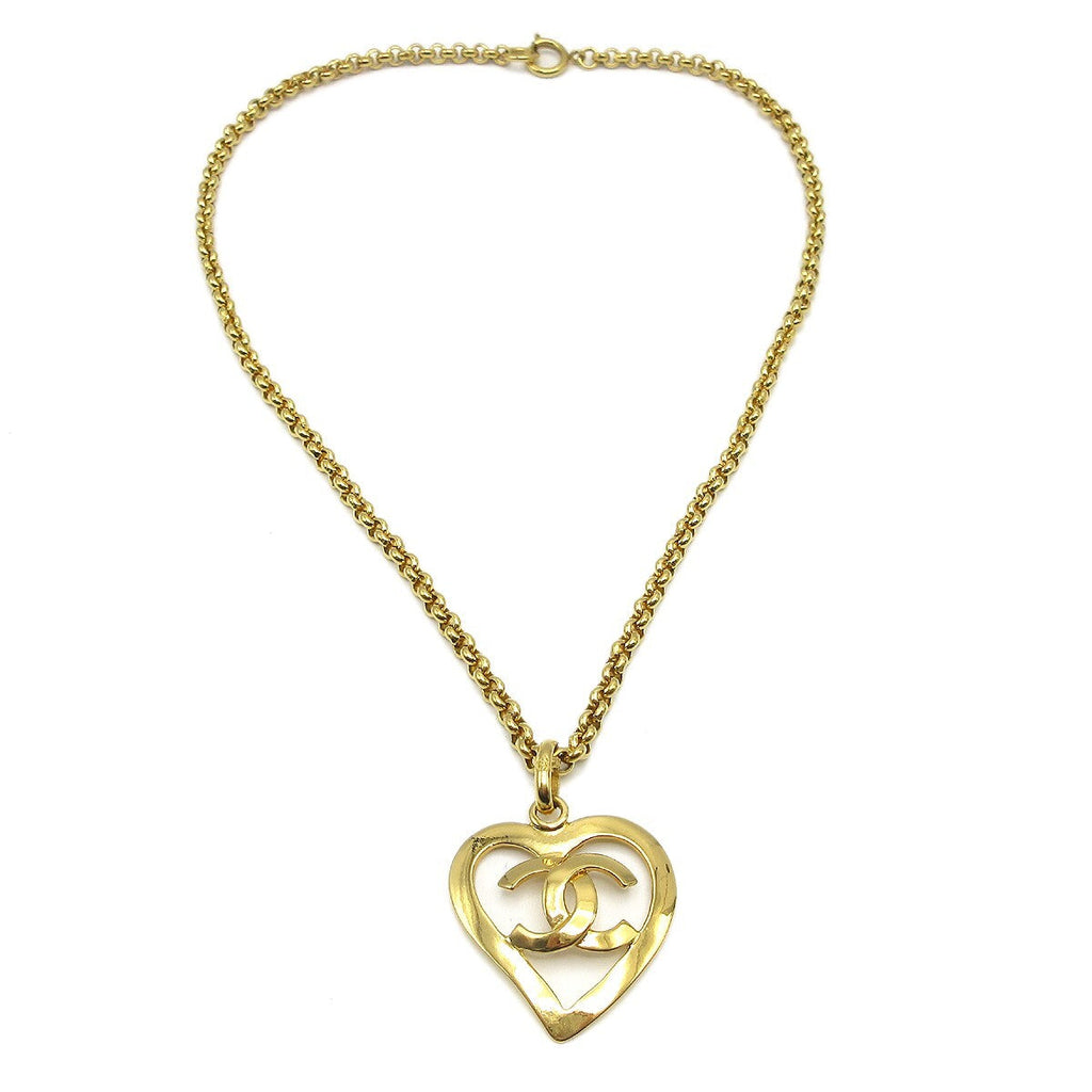 Chanel Cc Heart Pendant Necklace Metal Gold Gold_Plated Necklace Jewelry
