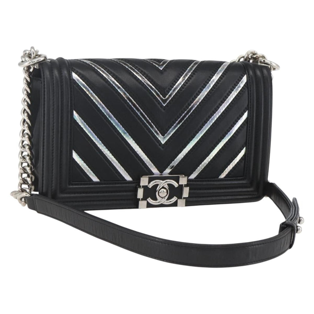 Chanel Boy Flap Bag Chevron Lambskin With Holographic Pvc Black Leather Shoulder Bag Bag