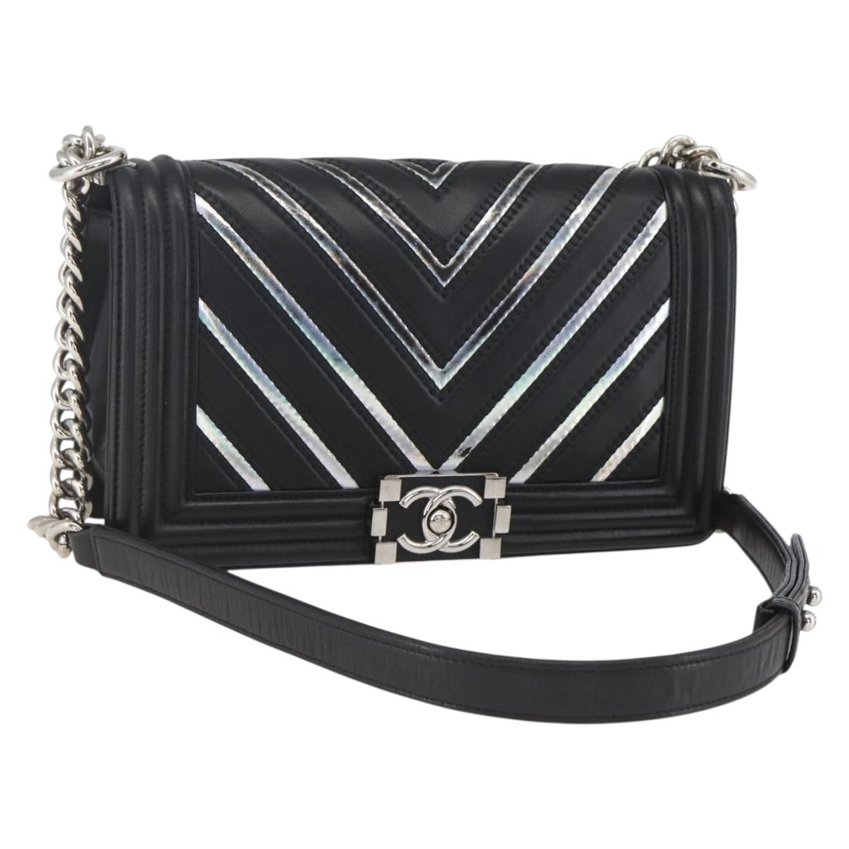 Chanel Boy Flap Bag Chevron Lambskin With Holographic Pvc Black Leather Shoulder Bag Bag