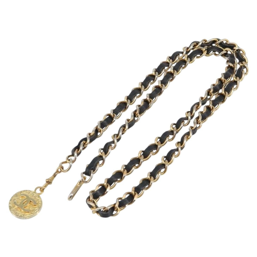 Chanel Vintage Logo Chain Belt Metal And Leather Black Metal Belts Accessory