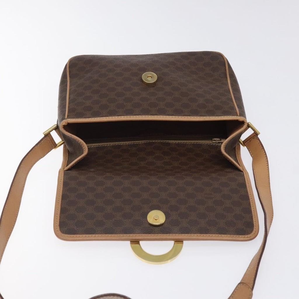 Celine Vintage Macadam Circle Logo Shoulder Bag Canvas And Leather Brown Canvas Shoulder Bag Bag