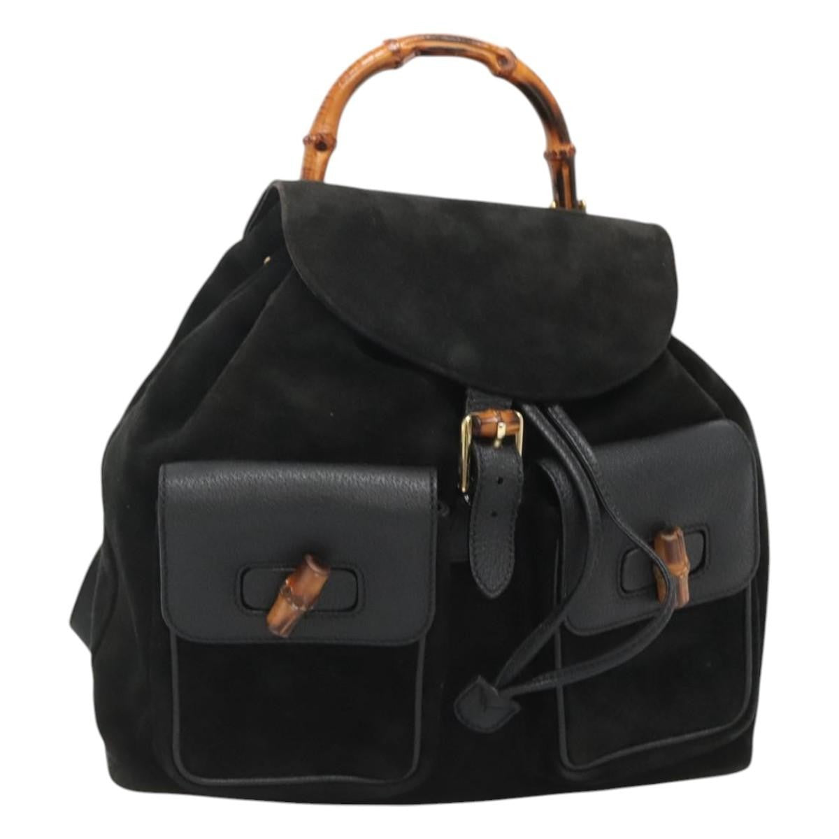 Gucci Vintage Bamboo Backpack Suede And Leather Black Suede Backpack Bag (Pre-Owned)