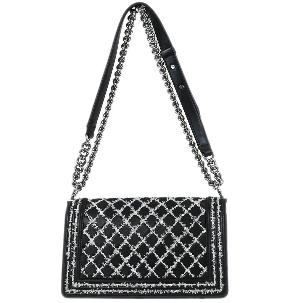 Chanel Boy Flap Bag Sequin Quilted Calfskin Black Leather Shoulder Bag Bag