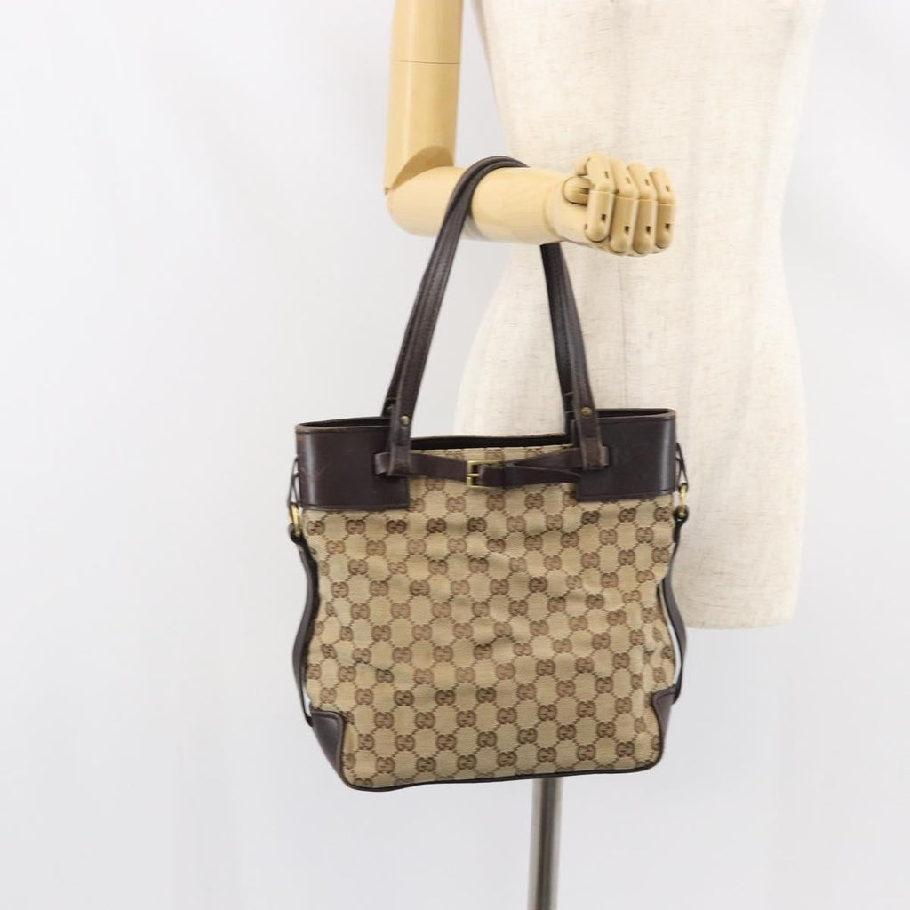 Gucci Belted Bucket Tote Gg Canvas With Leather Beige Canvas Tote Bag Bag (Pre-Owned)