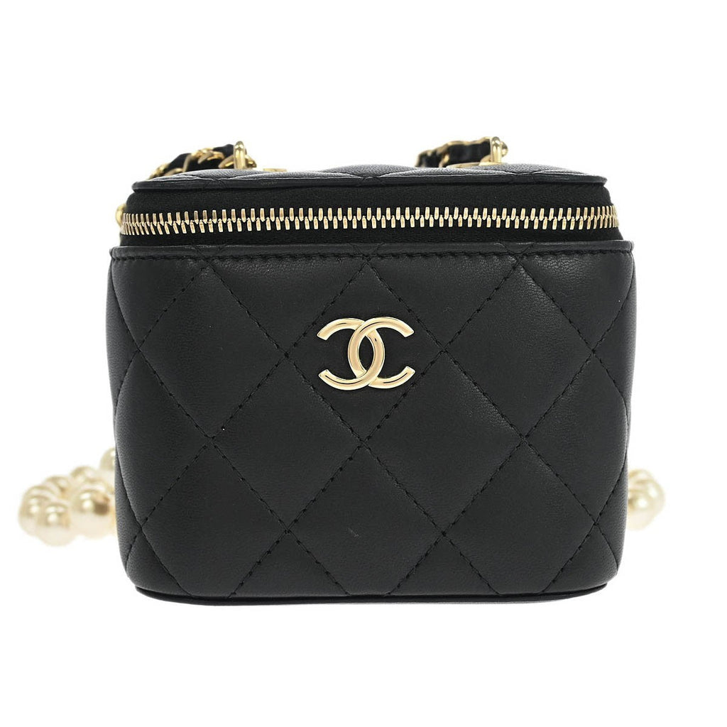 Chanel Vanity Case With Pearl Chain Quilted Lambskin Black Leather Shoulder Bag Bag